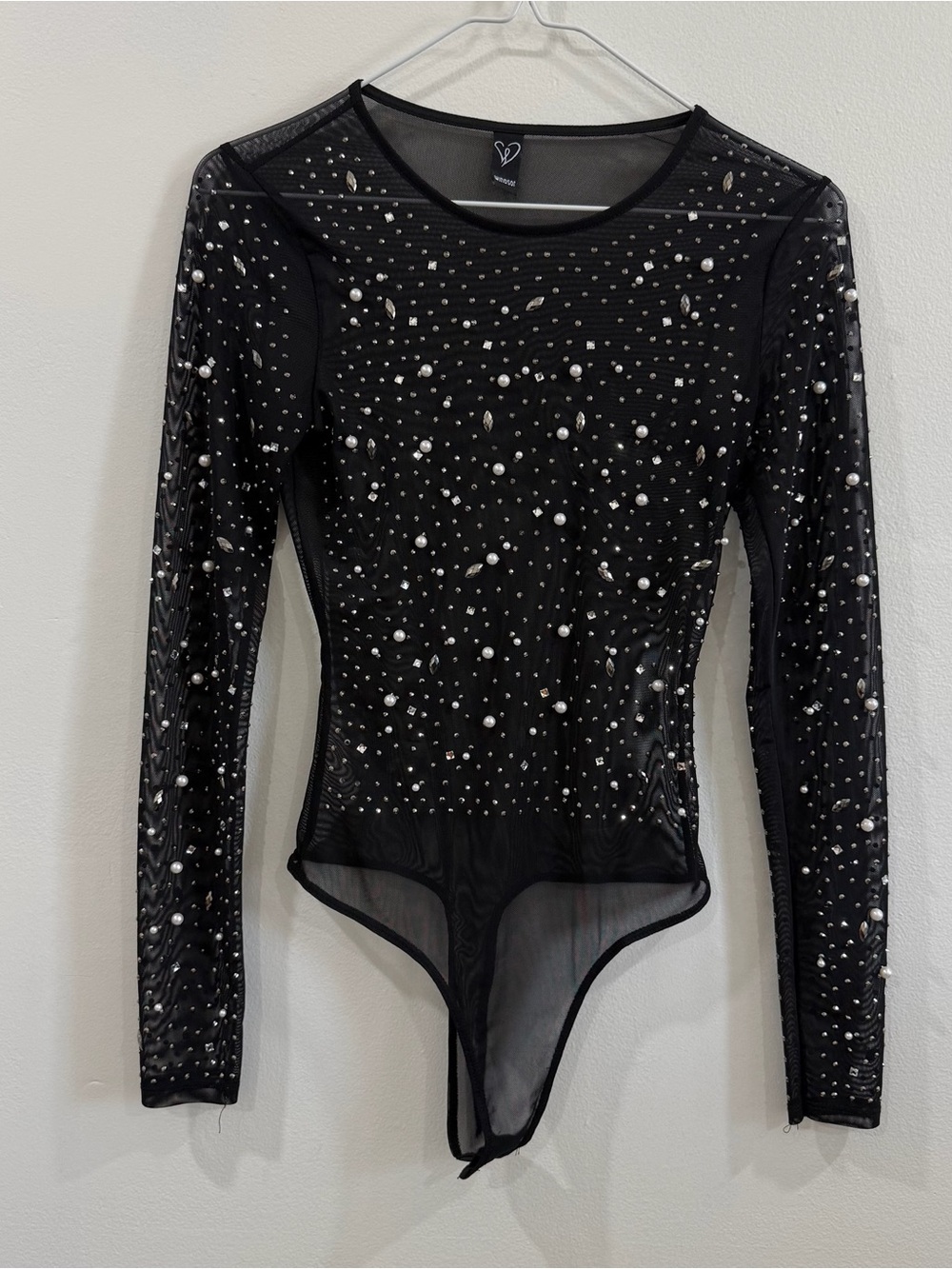 Mesh Long-Sleeve Embellished Bodysuit